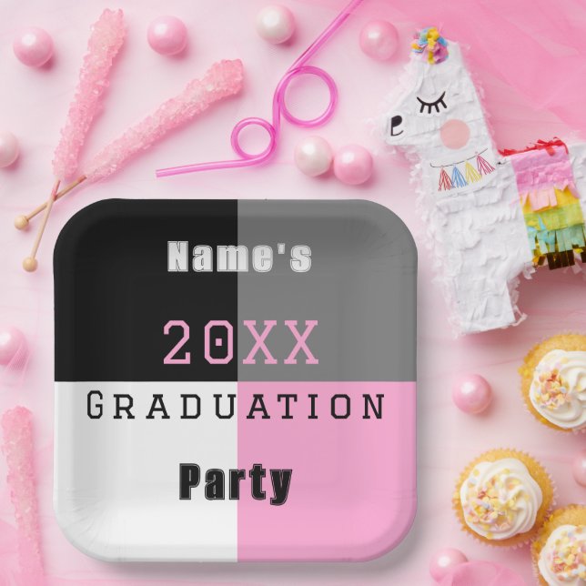 Pink, black and white custom graduation party pa paper plate (Party)