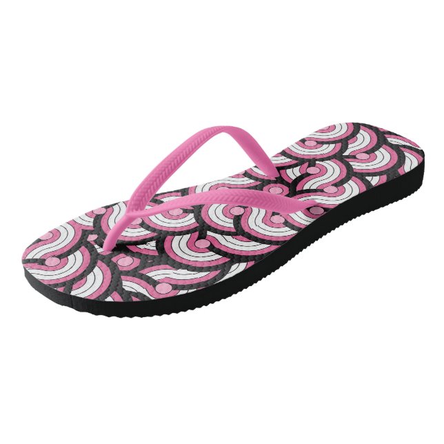 pink, black and white geometric flip flops (Angled)