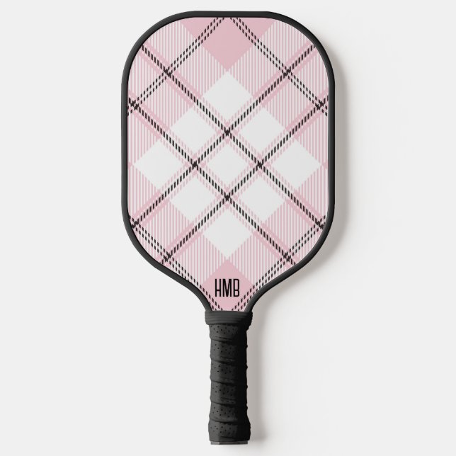 Pink Black and White Plaid Personalized Pickleball Paddle (Front)