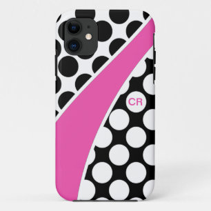 Pink Black and White Polka Dot Wave Monogram iPhone 11 Case