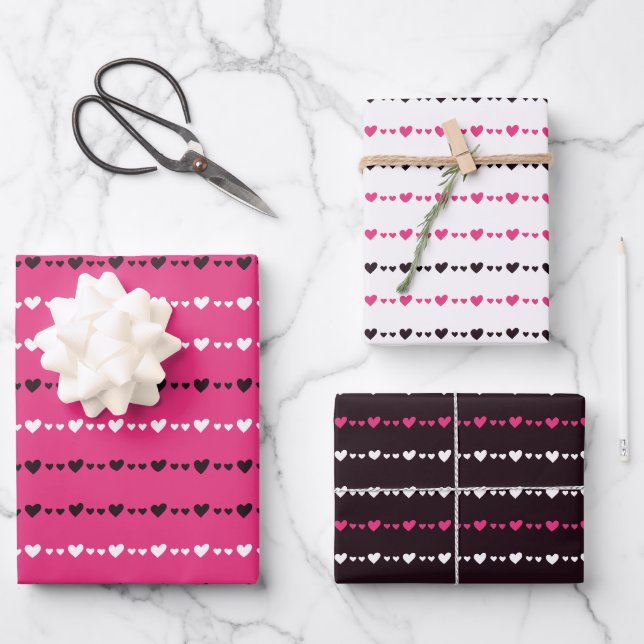 Pink Black and White Tiny Hearts Valentine's Day Wrapping Paper Sheet (Front)