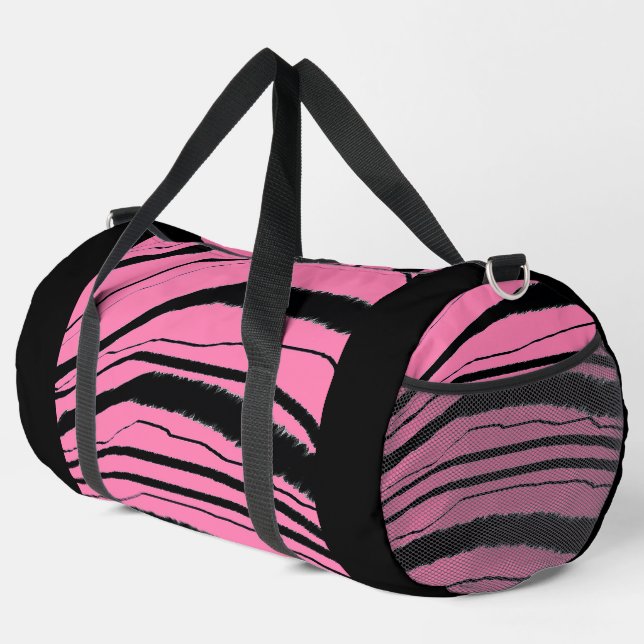 Pink + Black Animal Stripe Athletic Gym Travel  Duffle Bag (Right Corner)