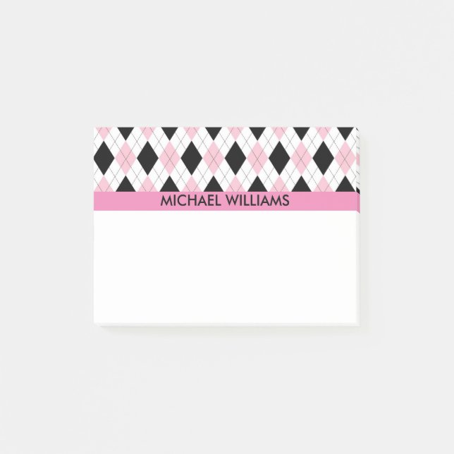 Pink & Black Argyle Pattern with Pink Stripes Post-it Notes (Front)