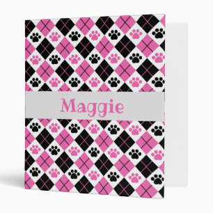 Pink & Black Argyle Paw Print Pattern Binder
