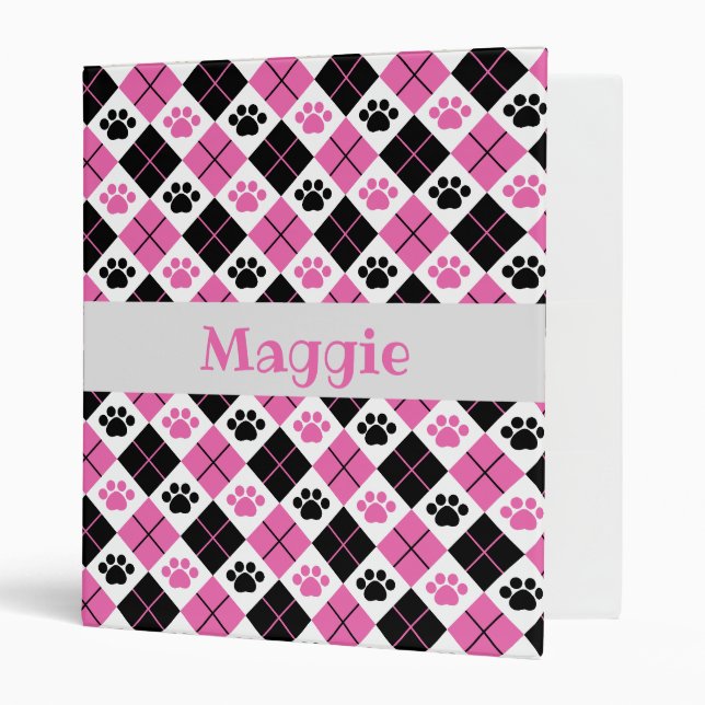 Pink & Black Argyle Paw Print Pattern Binder (Front/Inside)