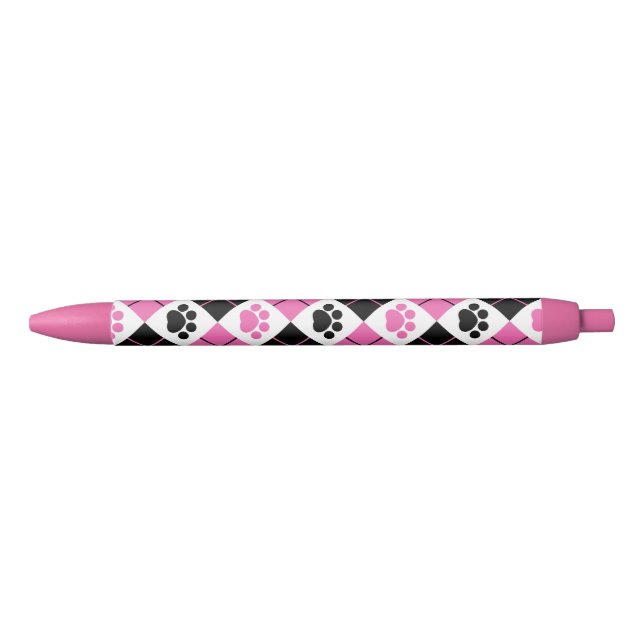 Pink & Black Argyle Paw Print Pattern Ink Pen (Front)