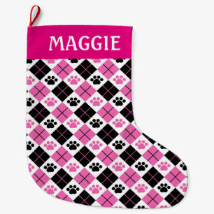 Pink & Black Argyle Paw Print Pattern Large Christmas Stocking