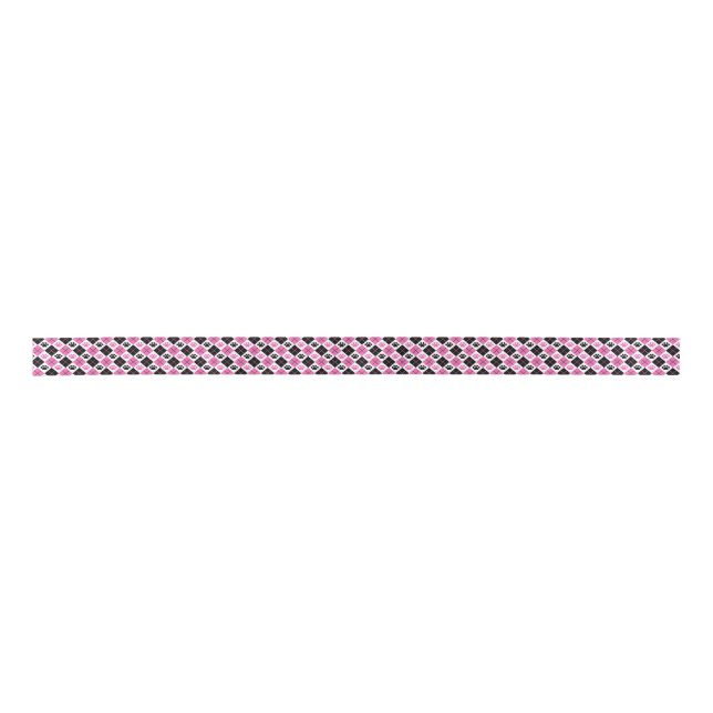 Pink & Black Argyle Paw Print Pattern Satin Ribbon (Front)