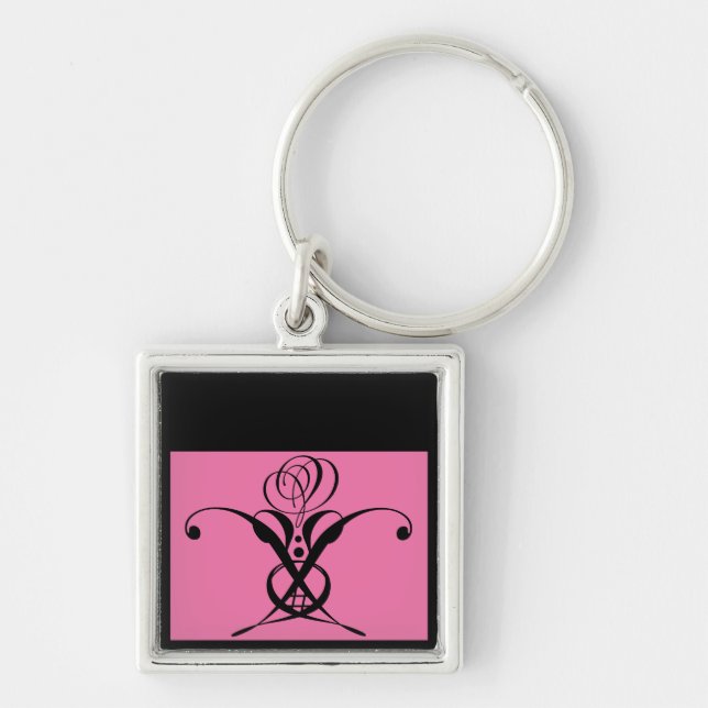 Pink Black Art Deco Rose Keychain (Front)