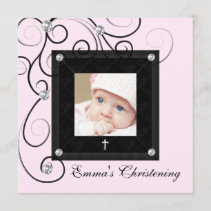 Pink Black Baby Girl Photo Christening Invitations