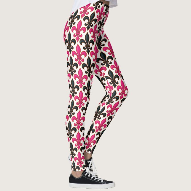 Pink Black Baroque Fleur-de-lis Pattern Design  Leggings (Creator Uploaded)