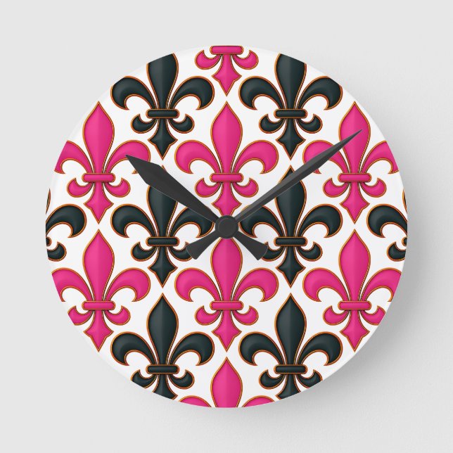 Pink Black Baroque Fleur-de-lis Pattern Design  Round Clock (Front)