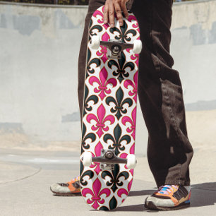 Pink Black Baroque Fleur-de-lis Pattern Design Skateboard