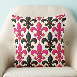 Pink Black Baroque Fleur-de-lis Pattern Design  Throw Pillow
