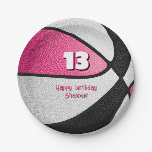 pink black basketball girls sports party paper plate