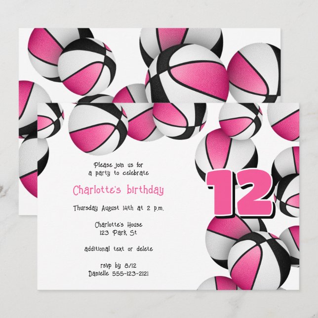 pink black basketballs girls birthday party invitation (Front/Back)