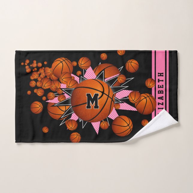pink black basketballs stars girls monogrammed hand towel (Hand Towel)