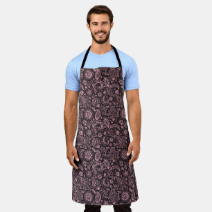 Pink black batik boho style floral paisley pattern apron