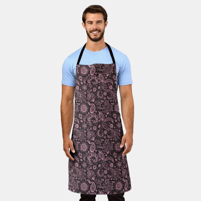Pink black batik boho style floral paisley pattern apron (Worn)