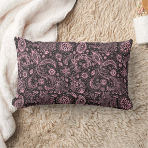 Pink black batik boho style floral paisley pattern lumbar pillow