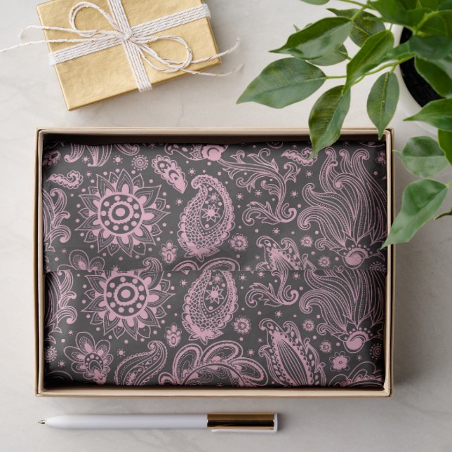 Pink black batik boho style floral paisley pattern tissue paper (Gift)