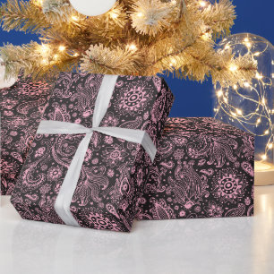 Pink black batik boho style floral paisley pattern wrapping paper