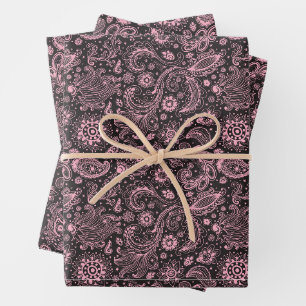 Pink black batik boho style floral paisley pattern wrapping paper sheet