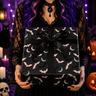 Pink & Black Bats Celestial Moon Halloween Pattern Wrapping Paper
