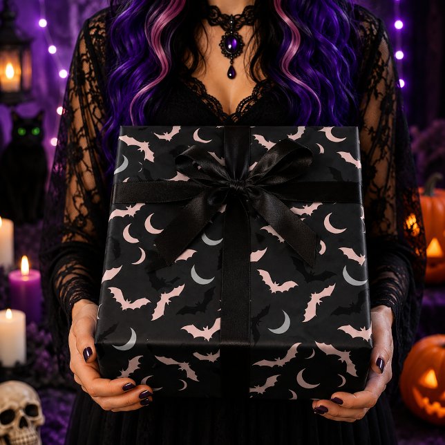 Pink & Black Bats Celestial Moon Halloween Pattern Wrapping Paper (Creator Uploaded)
