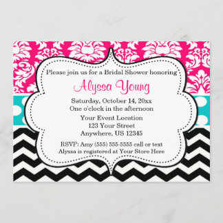 Pink Black Blue Chevron Damask Invitation