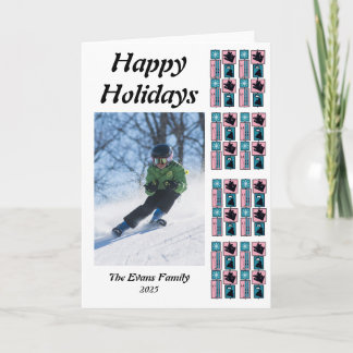 Pink, black, & blue ski equipment card