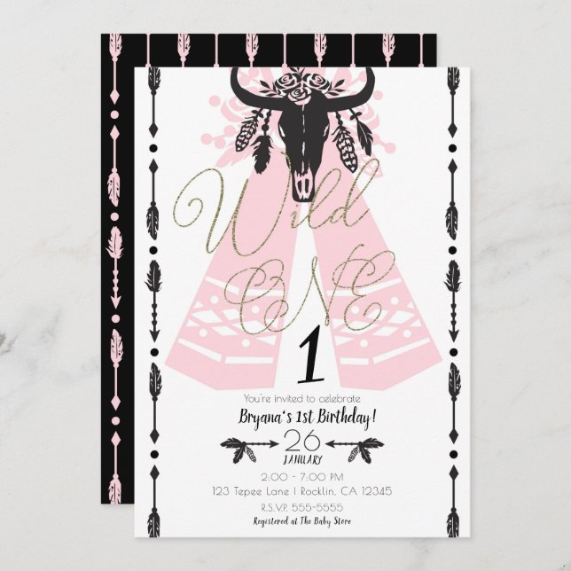 Pink & Black Boho Chic Wild ONE 1st Birthday Party Invitation (Front/Back)