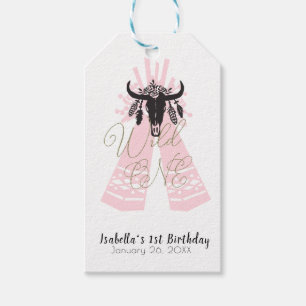 Pink & Black Boho Wild ONE Girls Birthday Party Gift Tags