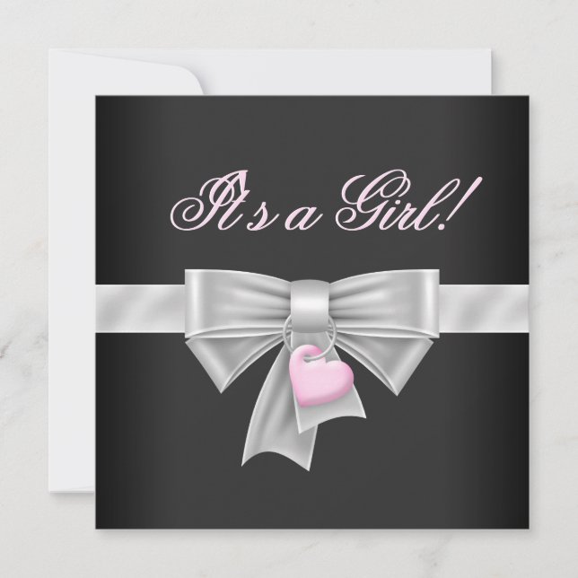 Pink Black Bow Heart Pink Black Baby Shower Invitation (Front)