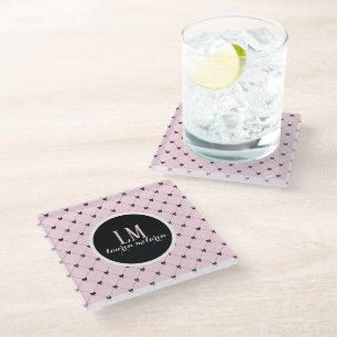 Pink & Black Bow Monogram Glass Coaster