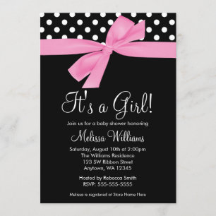 Pink Black Bow Polka Dot Baby Shower Invitations