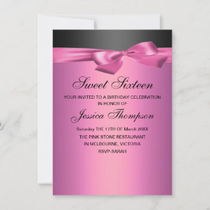 Pink & Black Bow Sweet 16 Anniversaire Invitation