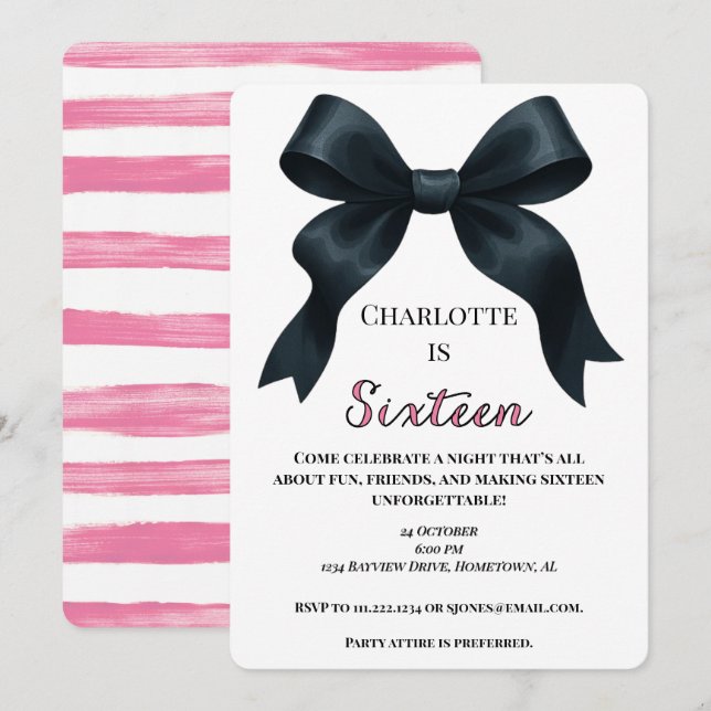 Pink Black Bow Sweet 16 Anniversaire Invitation -  (Devant / Derrière)