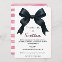 Pink Black Bow Sweet 16 Bday Invite - Downloadable