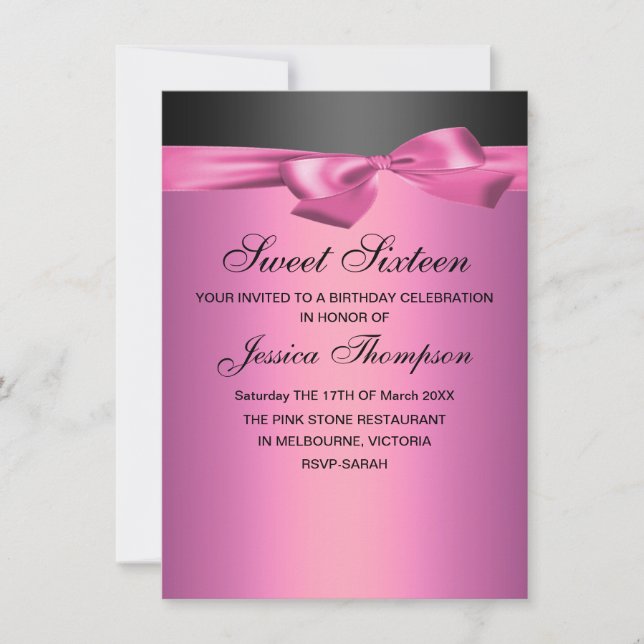 Pink & Black Bow Sweet 16 Birthday Invitation (Front)