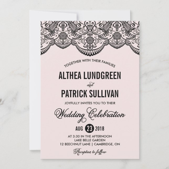 Pink & Black Brocade Lace Wedding Invitation (Front)
