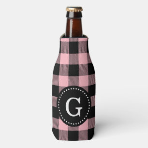Pink Black Buffalo Check Plaid 1I Monogram Bottle Cooler