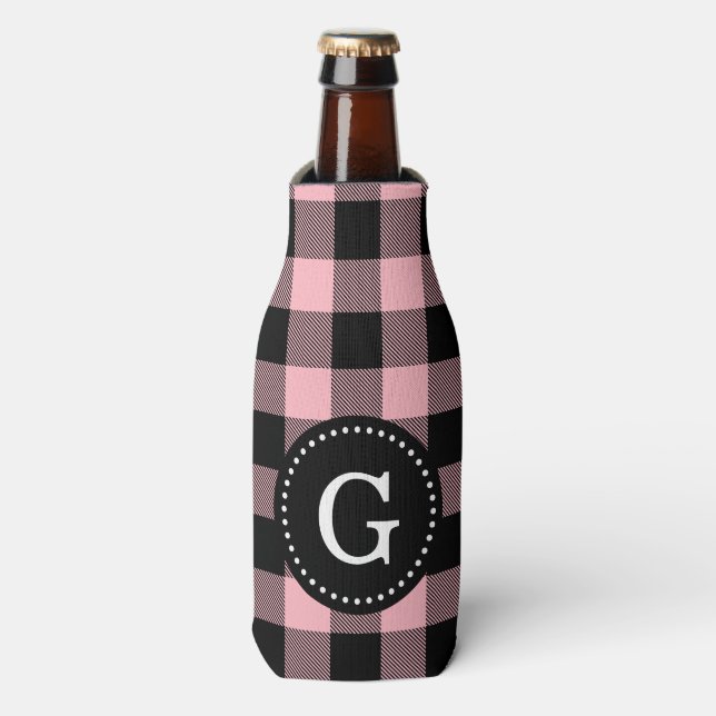 Pink Black Buffalo Check Plaid 1I Monogram Bottle Cooler (Bottle Front)