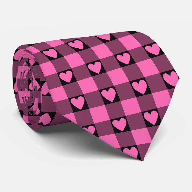 Pink Black Buffalo Heart Plaid Neck Tie (Rolled)