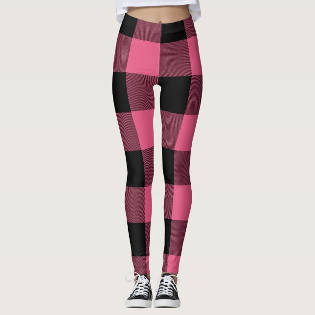 Pink & Black Buffalo Plaid Chequered Leggings (Front)