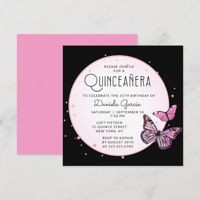 Pink Black Butterflies Stars Modern Quinceañera Invitation (Front/Back)