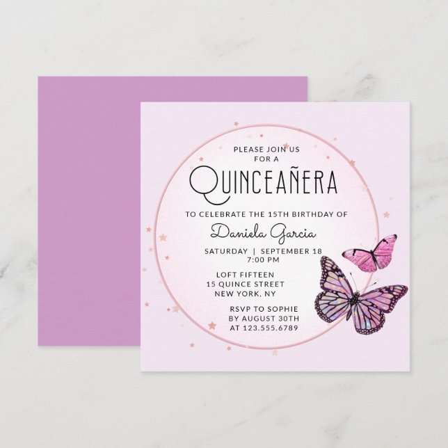 Pink Black Butterflies Stars Modern Quinceañera Invitation (Front/Back)