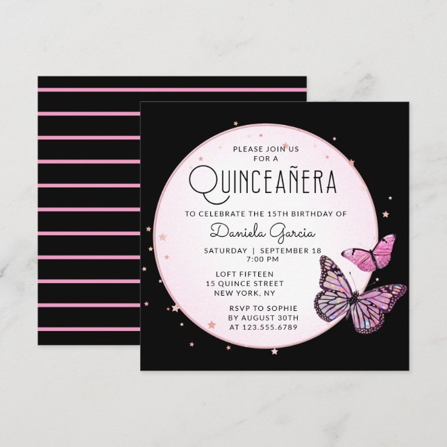 Pink Black Butterflies Stars Modern Quinceañera Invitation (Front/Back)