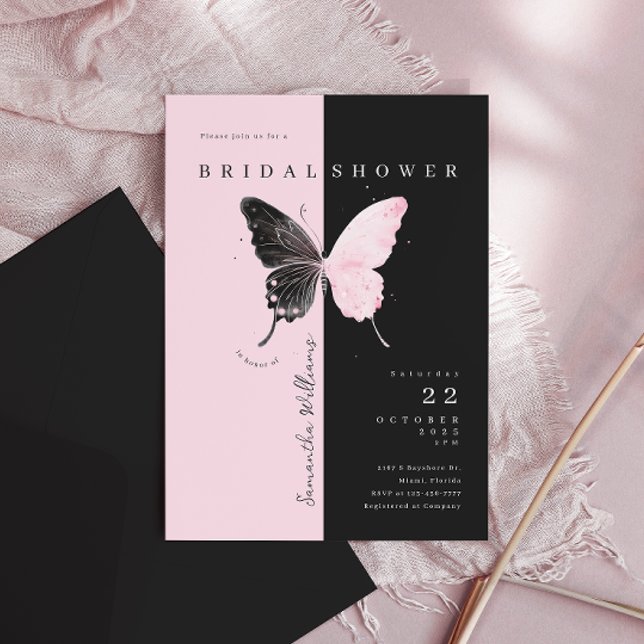 Pink Black Butterfly Bridal Shower Invitation (Creator Uploaded)