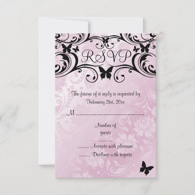 Pink & Black Butterfly & Flower RSVP Card (Front)